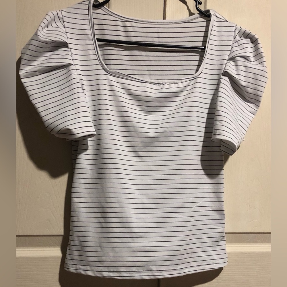 Shein Women’s Black & White Striped Blouse With Square Neckline & Puffer Sleeves